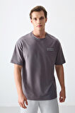 Koyu Gri Pamuklu Kalın Yumuşak Dokulu Oversize Fit Baskılı Erkek T-Shirt - 88375