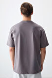 Koyu Gri Pamuklu Kalın Yumuşak Dokulu Oversize Fit Baskılı Erkek T-Shirt - 88375