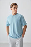 Açık Mavi Pamuklu Kalın Yumuşak Dokulu Oversize Fit Basic Erkek T- Shirt - 88377 | S