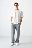 Ekru Pamuklu Kalın Yumuşak Dokulu Oversize Fit Basic Erkek T-Shirt - 88377