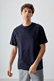 Lacivert Pamuklu Kalın Yumuşak Dokulu Oversize Fit Basic Erkek T-Shirt - 88378