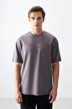 Koyu Gri Pamuklu Kalın Yumuşak Dokulu Oversize Fit Basic Erkek T-Shirt - 88378