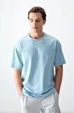 Açık Mavi Pamuklu Kalın Yumuşak Dokulu Oversize Fit Basic Erkek T-Shirt - 88378