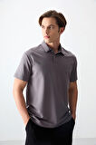 Koyu Gri Pamuklu Kalın Yumuşak Dokulu Polo Yaka Oversize Fit Basic Erkek T- Shirt - 88381