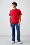 Kırmızı Waffle İnterlok Yüzeyi Dokulu Oversize Fit Basic Erkek T-Shirt - 88379