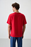 Kırmızı Waffle İnterlok Yüzeyi Dokulu Oversize Fit Basic Erkek T-Shirt - 88379