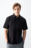 Siyah Pamuklu Kalın Yumuşak Dokulu Polo Yaka Oversize Fit Basic Erkek T- Shirt - 88382