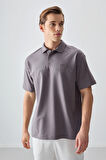 Koyu Gri Pamuklu Kalın Yumuşak Dokulu Polo Yaka Oversize Fit Basic Erkek T- Shirt - 88382