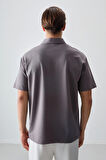 Koyu Gri Pamuklu Kalın Yumuşak Dokulu Polo Yaka Oversize Fit Basic Erkek T- Shirt - 88382
