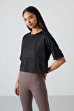 Siyah Polyester Nefes Alan Dokulu İnce Esnek Oversize Fit Performans Kadın T-Shirt - 97284