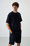 Lacivert Pamuklu Kalın Yumuşak Dokulu Oversize Fit Basic Erkek Şort Takım - 85249