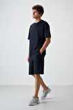 Lacivert Pamuklu Kalın Yumuşak Dokulu Oversize Fit Basic Erkek Şort Takım - 85249