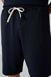 Lacivert Pamuklu Kalın Yumuşak Dokulu Oversize Fit Basic Erkek Şort Takım - 85249