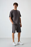 Koyu Gri Pamuklu Kalın Yumuşak Dokulu Oversize Fit Basic Erkek Şort Takım - 85249