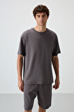 Koyu Gri Pamuklu Kalın Yumuşak Dokulu Oversize Fit Basic Erkek Şort Takım - 85249