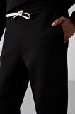Siyah - Siyah Pamuklu Kalın Yumuşak Dokulu Comfort Fit Nakışlı Erkek Eşofman Takım - 85254