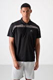 Siyah Polyester Nefes Alan Dokulu İnce Esnek Standart Fit Polo Yaka Erkek Performans T-Shirt - 88392