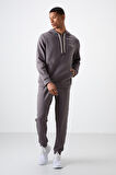 Koyu Gri Pamuklu Kalın Yumuşak Dokulu Comfort Fit Nakışlı Erkek Eşofman Takım - 85255