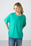 Deniz Yeşili Penye Modal Yumuşak Tuşeli Oversize Fit Basic Kadın T-Shirt- 97285