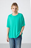 Deniz Yeşili Penye Modal Yumuşak Tuşeli Oversize Fit Basic Kadın T-Shirt- 97285
