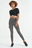 Koyu Gri Logo Baskı Detaylı Yüksek Bel Dalgıç Kumaş Slim Fit Kadın Tayt - 94627