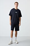 Lacivert Pamuklu Kalın Yumuşak Dokulu Oversize Fit Basic Erkek Şort Takım - 85259
