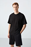 Siyah Pamuklu Kalın Yumuşak Dokulu Oversize Fit Basic Erkek Şort Takım - 85257