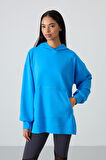 Mavi Balon Kol Yazı Nakışlı Kadın Oversize Tunik Sweatshirt - 97163