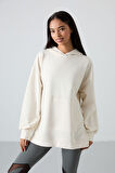 Ekru Balon Kol Yazı Nakışlı Kadın Oversize Tunik Sweatshirt - 97163