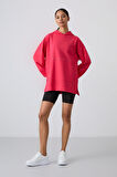 Viva Kırmızı Balon Kol Yazı Nakışlı Kadın Oversize Tunik Sweatshirt - 97163