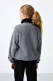 Gri Melanj Kalın Yumuşak Dokulu Oversize Nakışlı Polar Kız Çocuk Sweatshirt - 75153