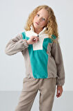 Koyu Bej Kalın Yumuşak Dokulu Oversize Nakışlı Polar Kız Çocuk Sweatshirt - 75153
