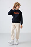 Lacivert Pamuklu Kalın İçi Tüylü Yumuşak Dokulu Standart Fit Baskılı Erkek Çocuk Sweatshirt - 11216