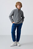 Gri Melanj Kalın Yumuşak Dokulu Standart Fit Nakışlı Polar Erkek Çocuk Sweatshirt - 11221