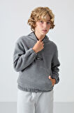 Gri Melanj Kalın Yumuşak Dokulu Standart Fit Nakışlı Polar Erkek Çocuk Sweatshirt - 11230