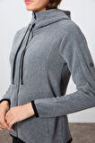 Gri Melanj Kalın Yumuşak Dokulu Kapüşonlu Standart Fit Nakışlı Polar Kadın Sweatshirt -97287