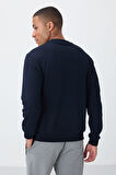 Lacivert Kompakt Pamuklu Kalın Pürüzsüz Dokulu O Yaka Standart Fit Erkek Sweatshirt -88405