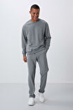 Gri Melanj Kompakt Pamuklu Kalın Pürüzsüz Dokulu O Yaka Comfort Fit Erkek Eşofman Takım -85263