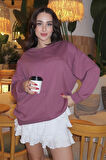 Soft Vişne Kompakt Pamuklu Kalın Pürüzsüz Dokulu O Yaka Oversize Fit Kadın Sweatshirt - 97288