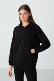 Siyah Kompakt Pamuklu Kalın Pürüzsüz Dokulu Kapüşonlu Oversize Fit Kadın Sweatshirt - 97291