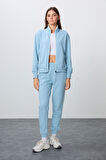 Açık Mavi Kompakt Pamuklu Kalın Pürüzsüz Dokulu Dik Yaka Oversize Fit Kadın Eşofman Takım - 95340
