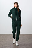 Çam Yeşili Kompakt Pamuklu Kalın Pürüzsüz Dokulu Dik Yaka Oversize Fit Kadın Eşofman Takım - 95340