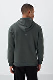 Haki Pamuklu Kalın İçi Tüylü Yumuşak Dokulu Comfort Fit Nakışlı Erkek Sweatshirt - 88419