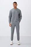 Gri Melanj Pamuklu Kalın İçi Tüylü Yumuşak Dokulu Comfort Fit Nakışlı Erkek Eşofman Takım -85265