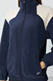 Lacivert Kalın Yumuşak Dokulu Dik Yaka Oversize Nakışlı Polar Kadın Sweatshirt - 97293