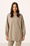 Koyu Bej O Yaka Basic Oversize Kadın Eşofman Tunik Takım - 95347
