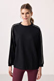 Siyah Yumuşak Dokulu O Yaka Oversize Kadın Tunik Sweatshirt - 97303
