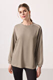 Koyu Bej Yumuşak Dokulu O Yaka Oversize Kadın Tunik Sweatshirt - 97303