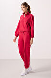 Viva Kırmızı Yumuşak Dokulu Dik Yaka Gizli Fermuarlı Oversize Kadın Eşofman Takım - 95351