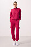 Viva Kırmızı Yumuşak Dokulu Dik Yaka Gizli Fermuarlı Oversize Kadın Eşofman Takım - 95351